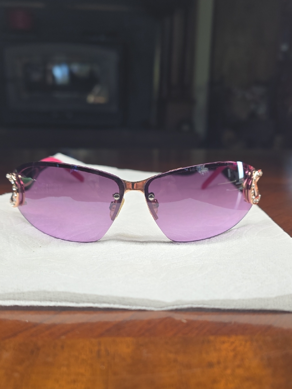 Women's Purple Rimless Sunglasses - Elegant Rose-Gold And Crystal Accent